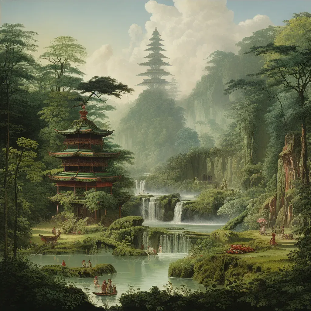 Image of a serene tea garden with a traditional pagoda and stream - Image 4