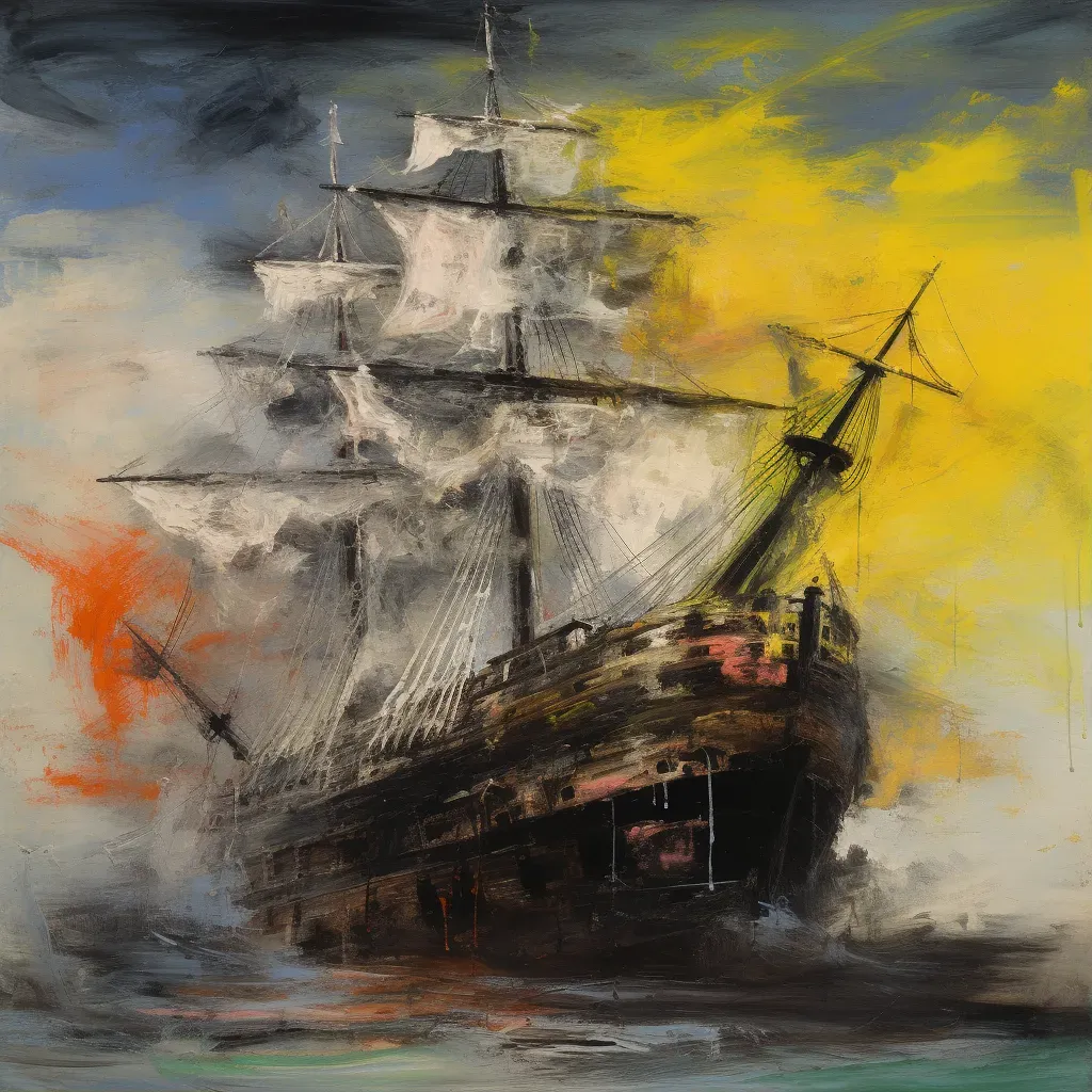 Pirate ship hidden in mist with Jolly Roger flag fluttering above - Image 1