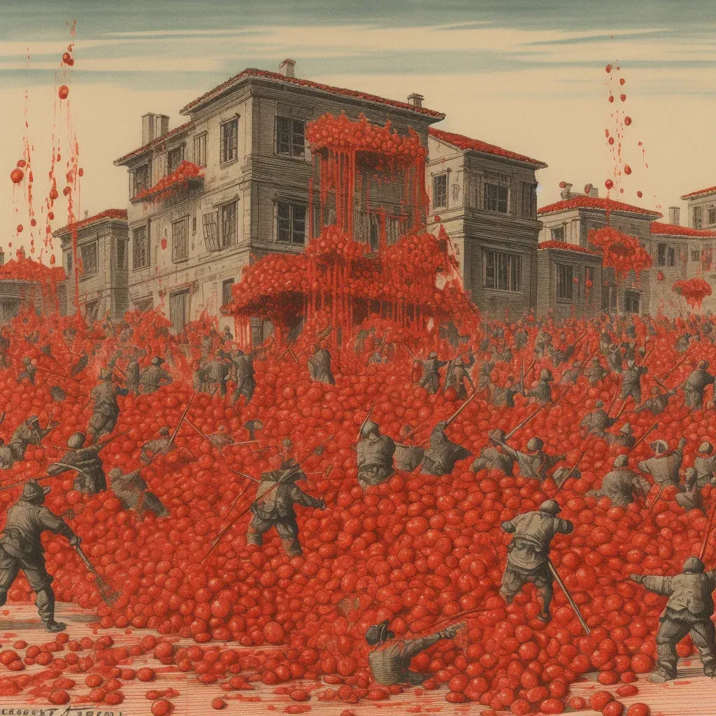 Image of a vibrant festival with people throwing tomatoes in a town square - Image 1