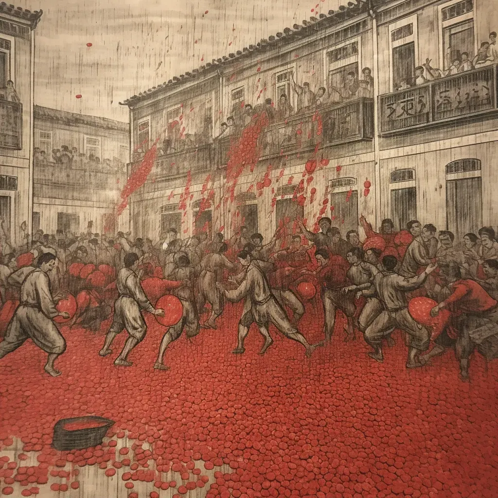 Image of a vibrant festival with people throwing tomatoes in a town square - Image 2