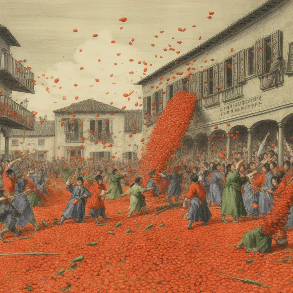 Image of a vibrant festival with people throwing tomatoes in a town square - Image 3