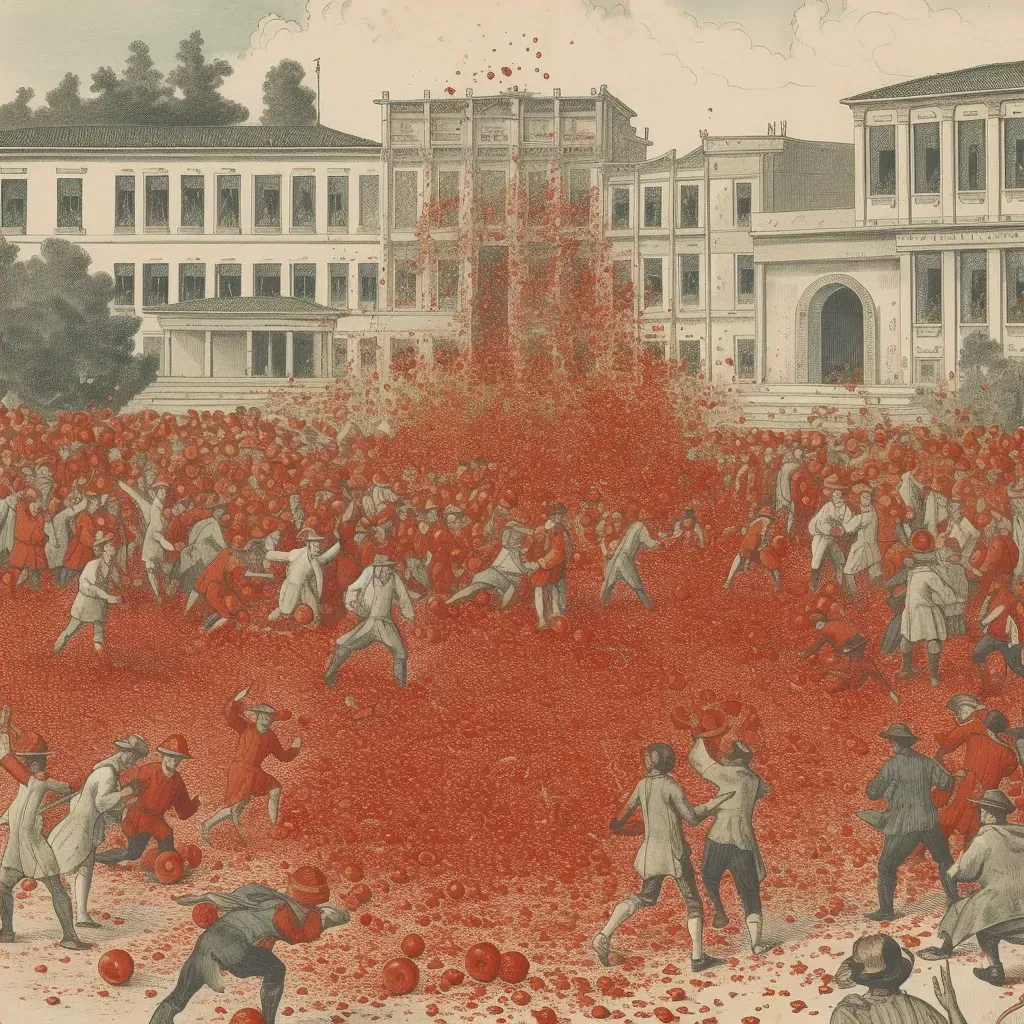 Image of a vibrant festival with people throwing tomatoes in a town square - Image 4