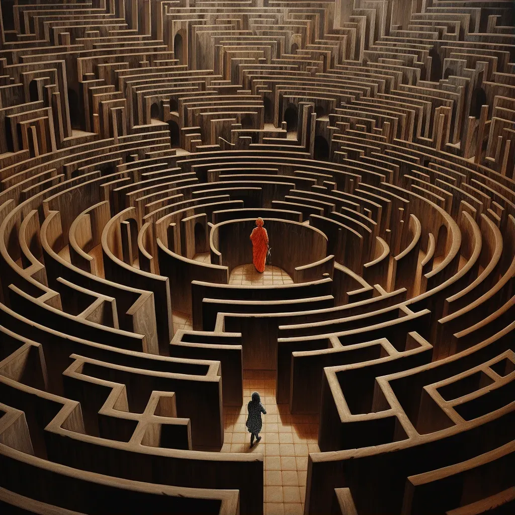 A figure at the entrance of a decision-making maze pondering choices in a complex and intricate image. - Image 1