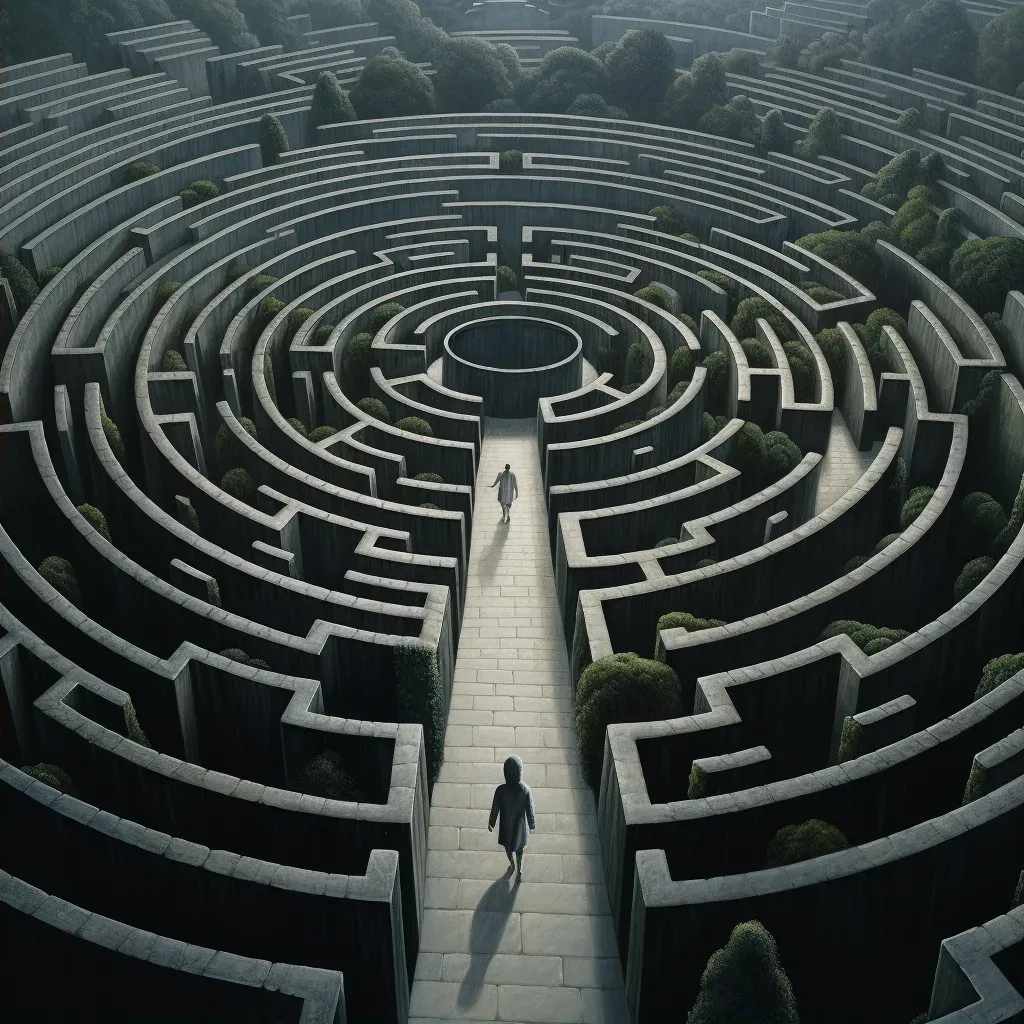 A figure at the entrance of a decision-making maze pondering choices in a complex and intricate image. - Image 2