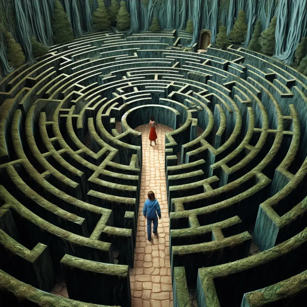 A figure at the entrance of a decision-making maze pondering choices in a complex and intricate image. - Image 4