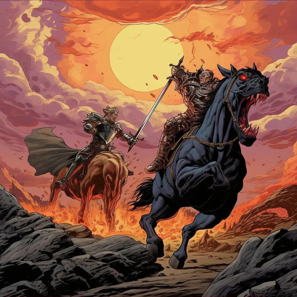 Scene of knight battling chimera in desolate landscape - Image 1