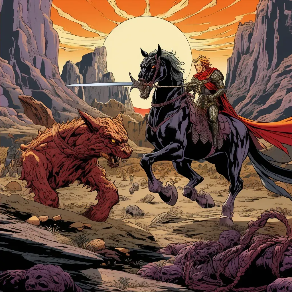 Scene of knight battling chimera in desolate landscape - Image 2