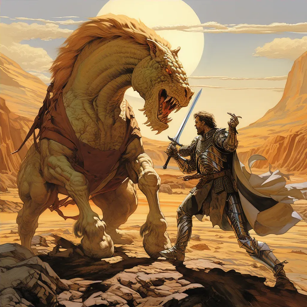 Scene of knight battling chimera in desolate landscape - Image 4