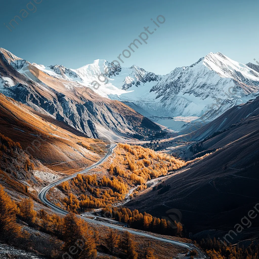 Winding mountain road through autumn landscape with snow-capped peaks - Image 1