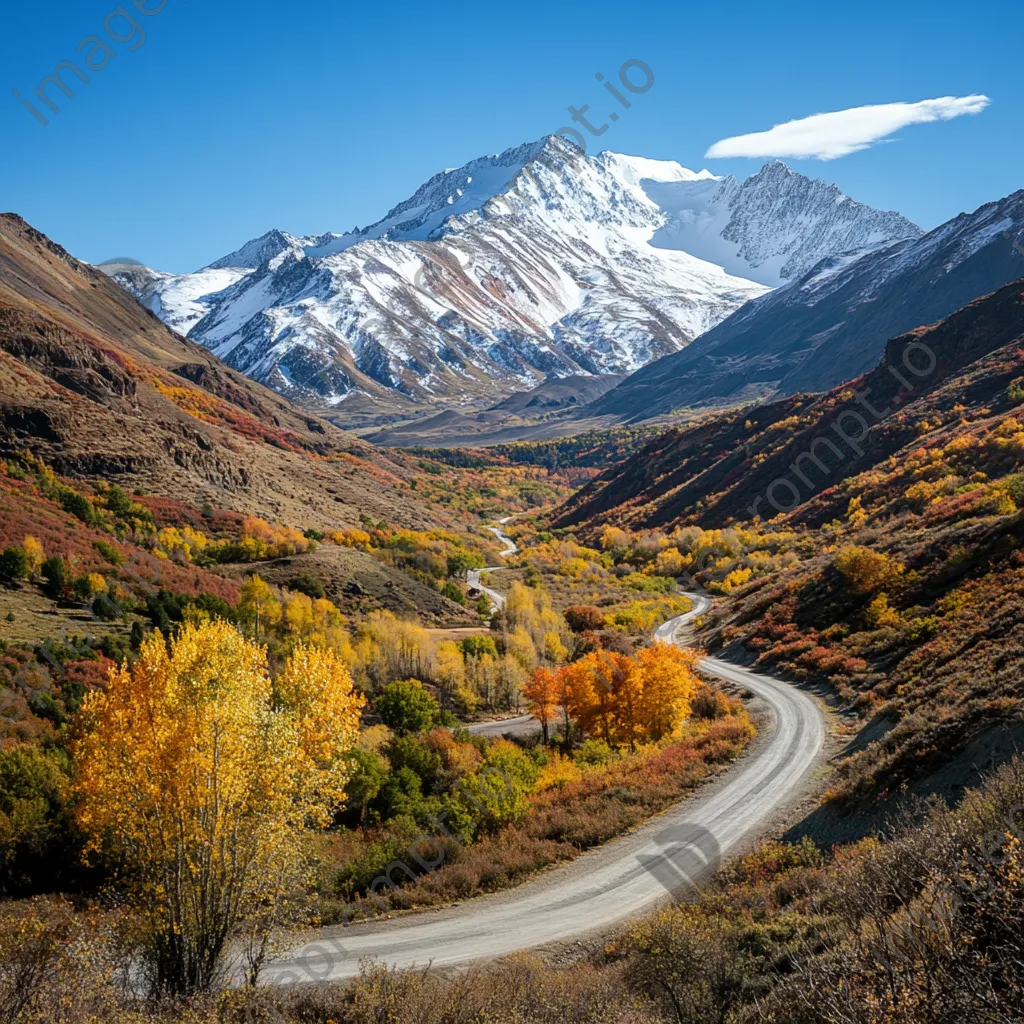 Winding mountain road through autumn landscape with snow-capped peaks - Image 2