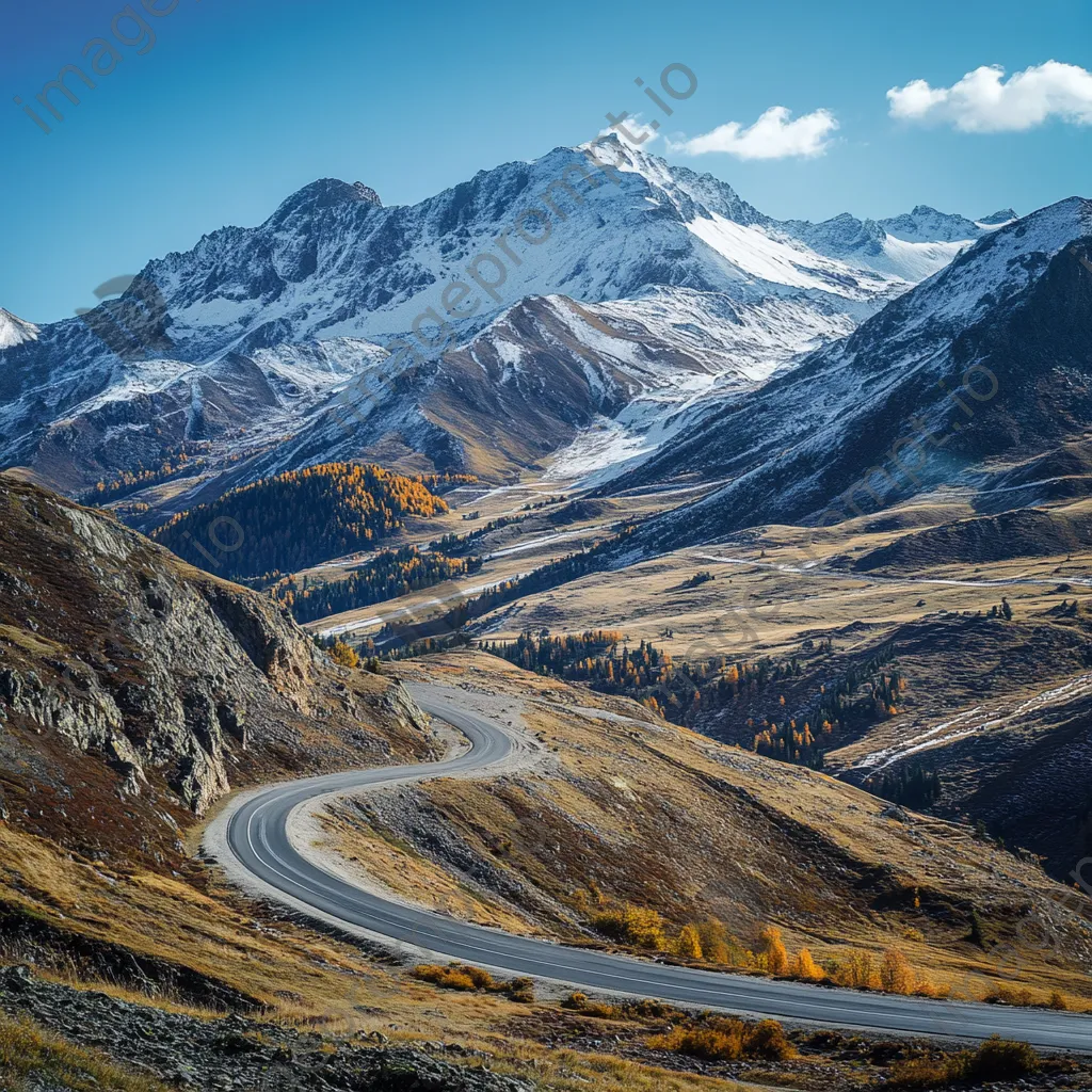 Winding mountain road through autumn landscape with snow-capped peaks - Image 3