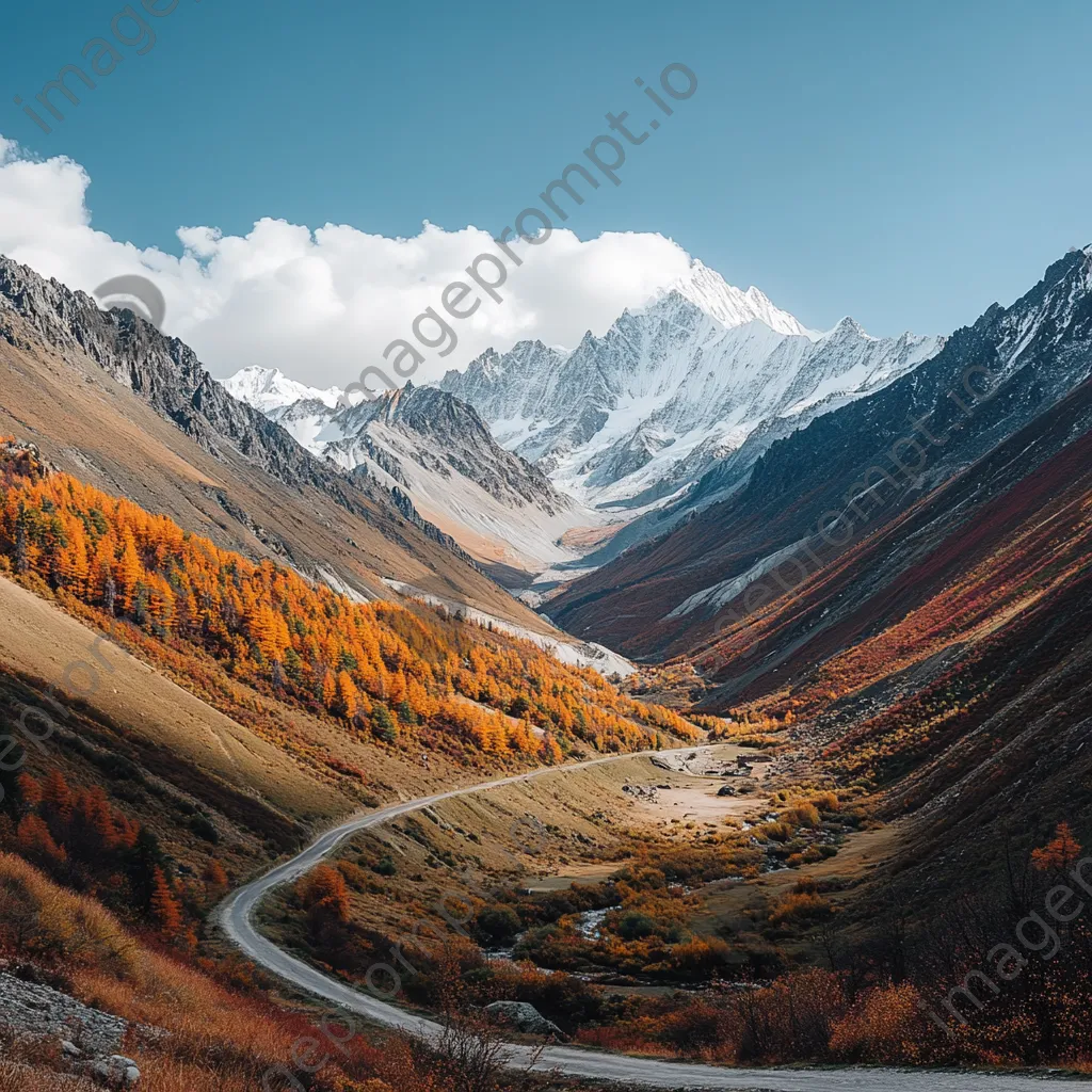 Winding mountain road through autumn landscape with snow-capped peaks - Image 4