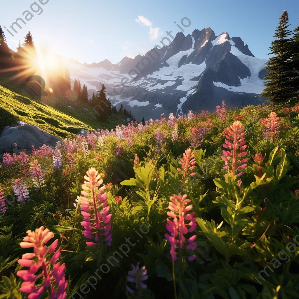 Scenic view of a hidden alpine meadow with colorful flowers and snow-capped mountains. - Image 1