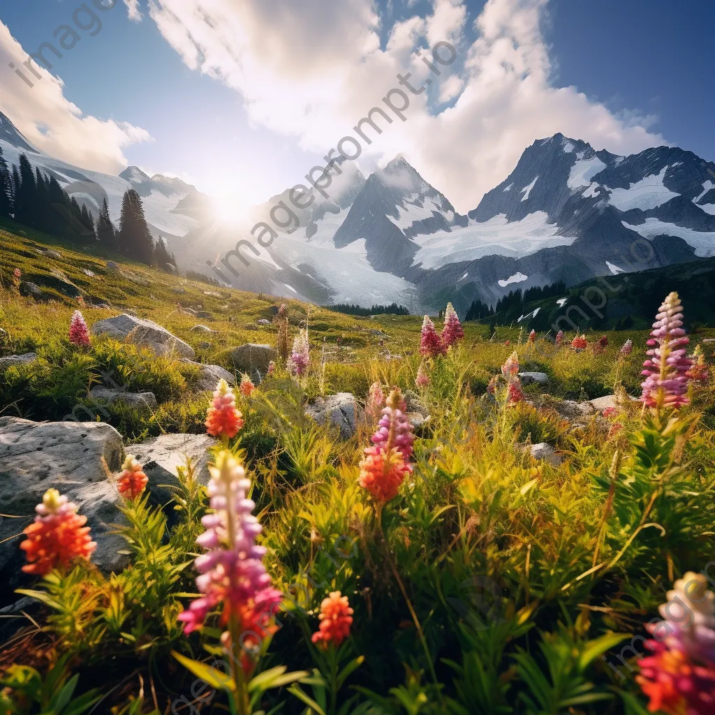 Scenic view of a hidden alpine meadow with colorful flowers and snow-capped mountains. - Image 3