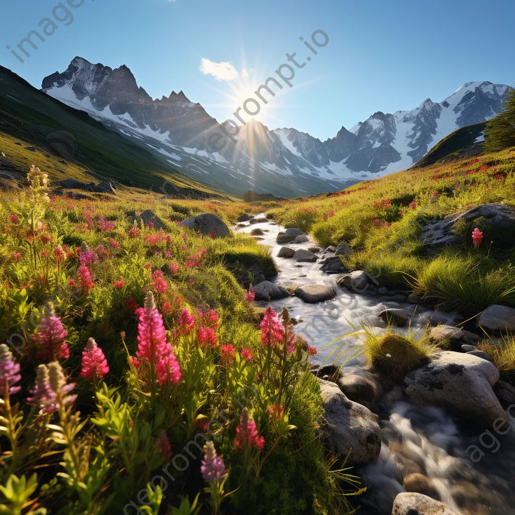 Scenic view of a hidden alpine meadow with colorful flowers and snow-capped mountains. - Image 4