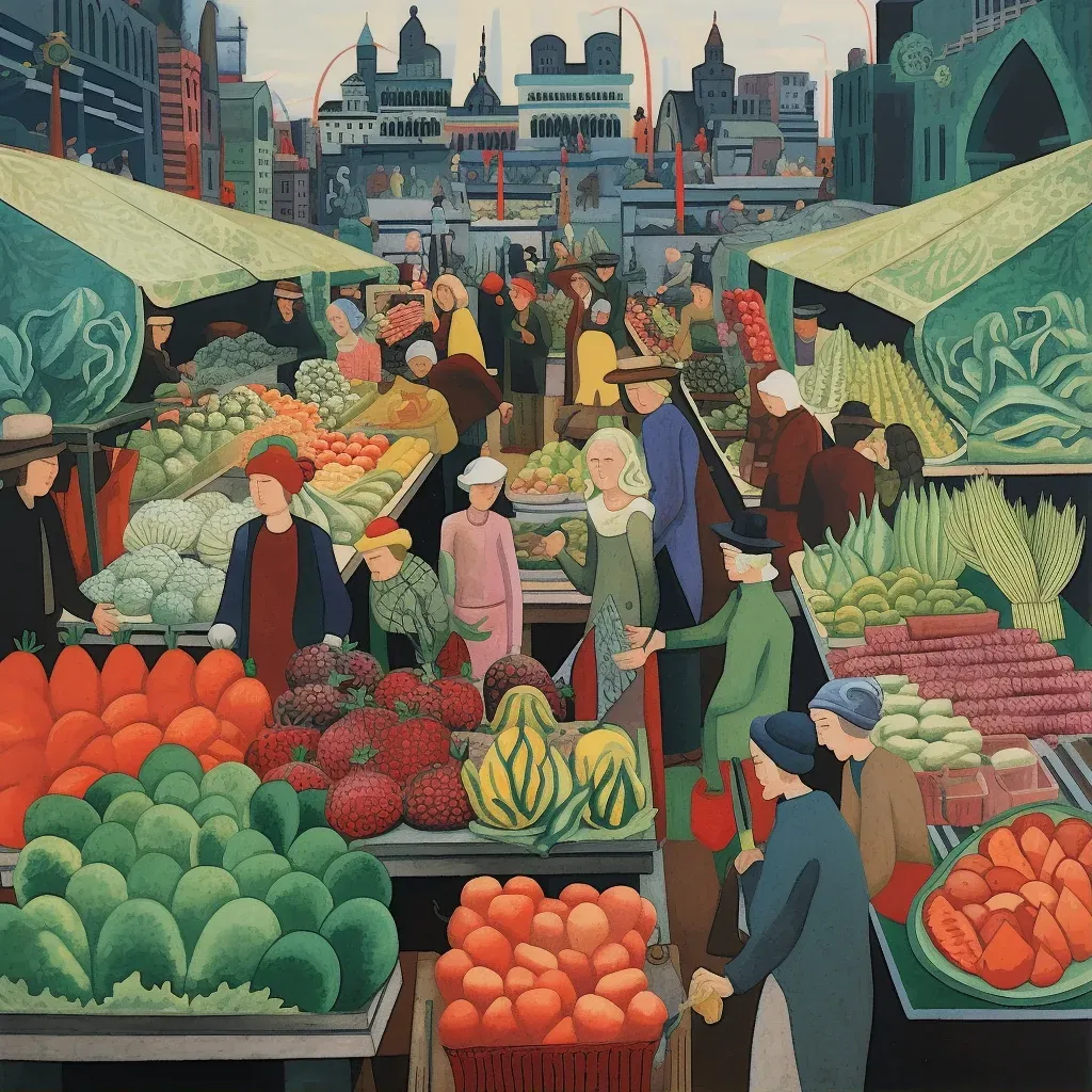 Vibrant market scene with fruits, vegetables, and textiles - Image 1