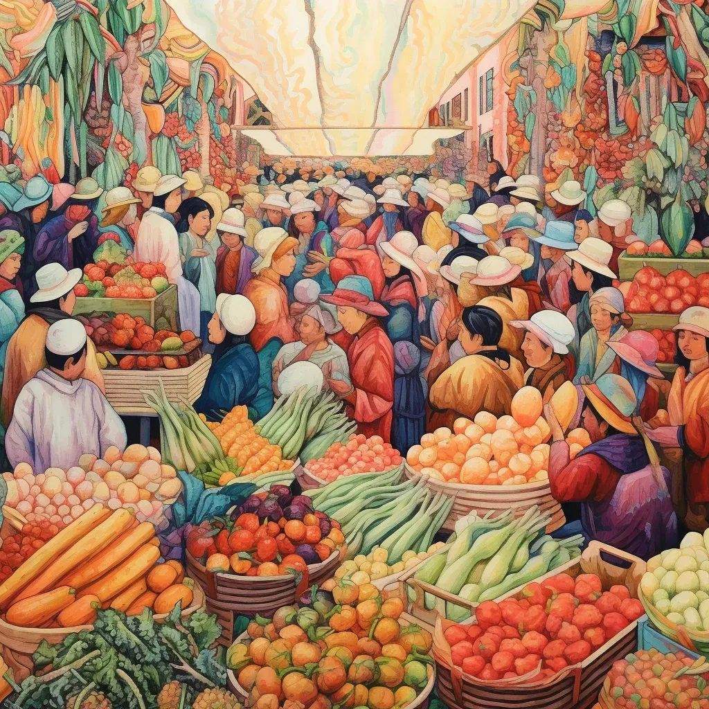 Vibrant market scene with fruits, vegetables, and textiles - Image 3