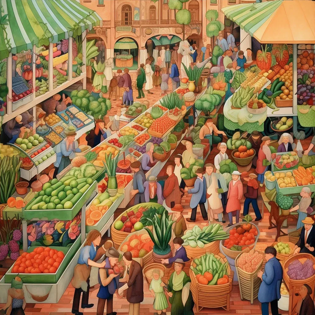 Vibrant market scene with fruits, vegetables, and textiles - Image 4