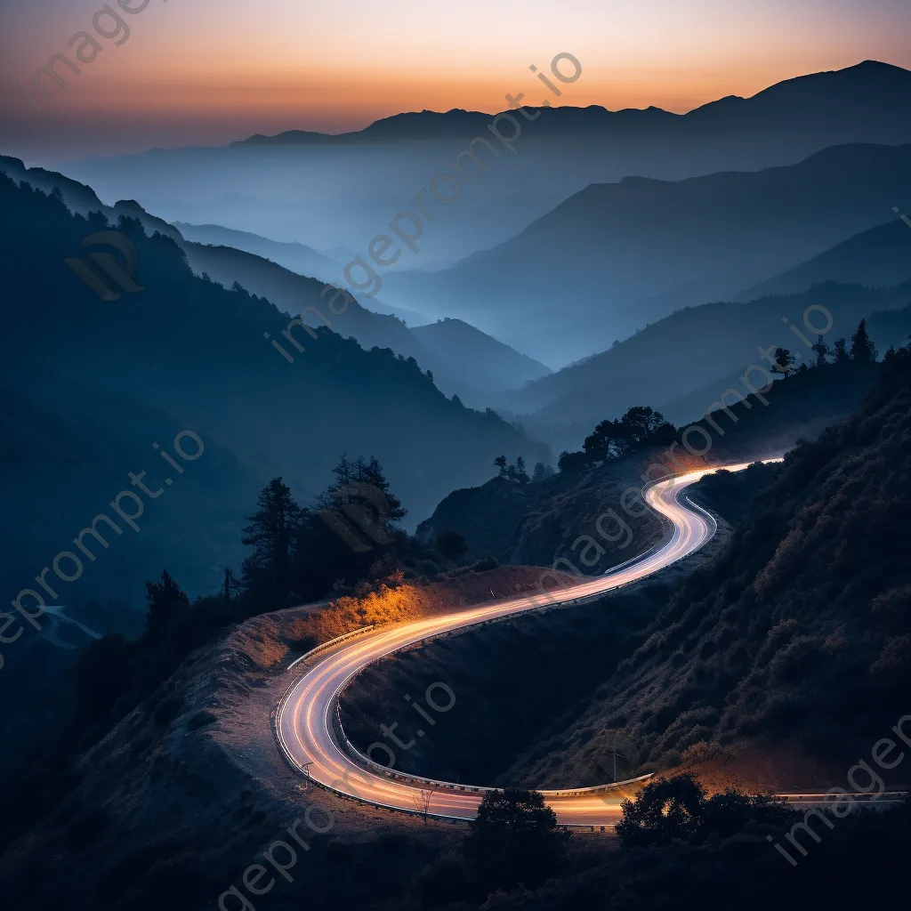 Mountain pass at twilight with trees and rocky silhouettes - Image 1