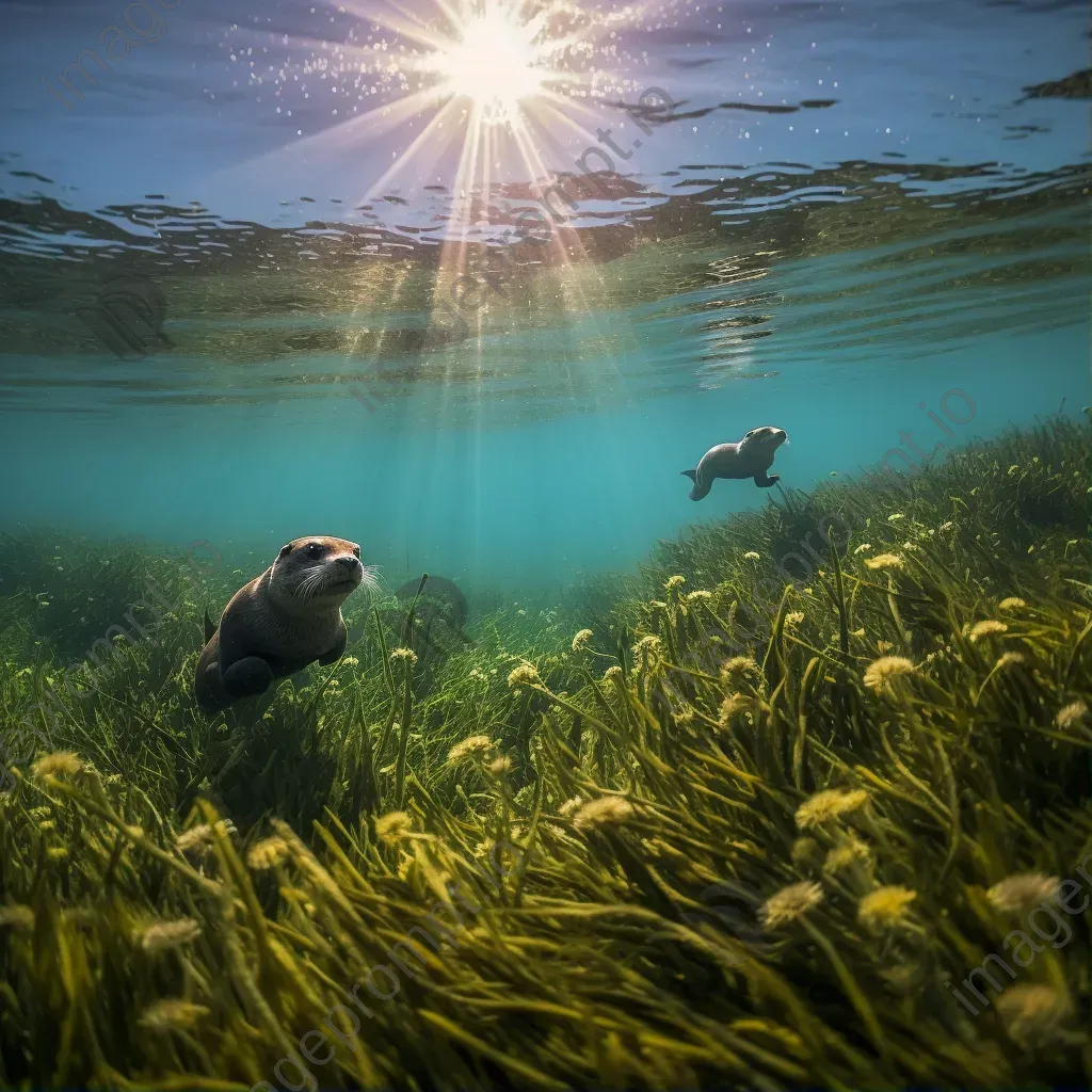 Seagrass meadow with playful sea otters underwater - Image 1