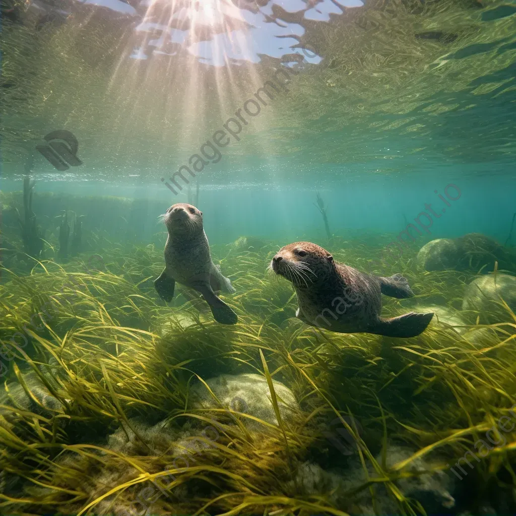 Seagrass meadow with playful sea otters underwater - Image 2