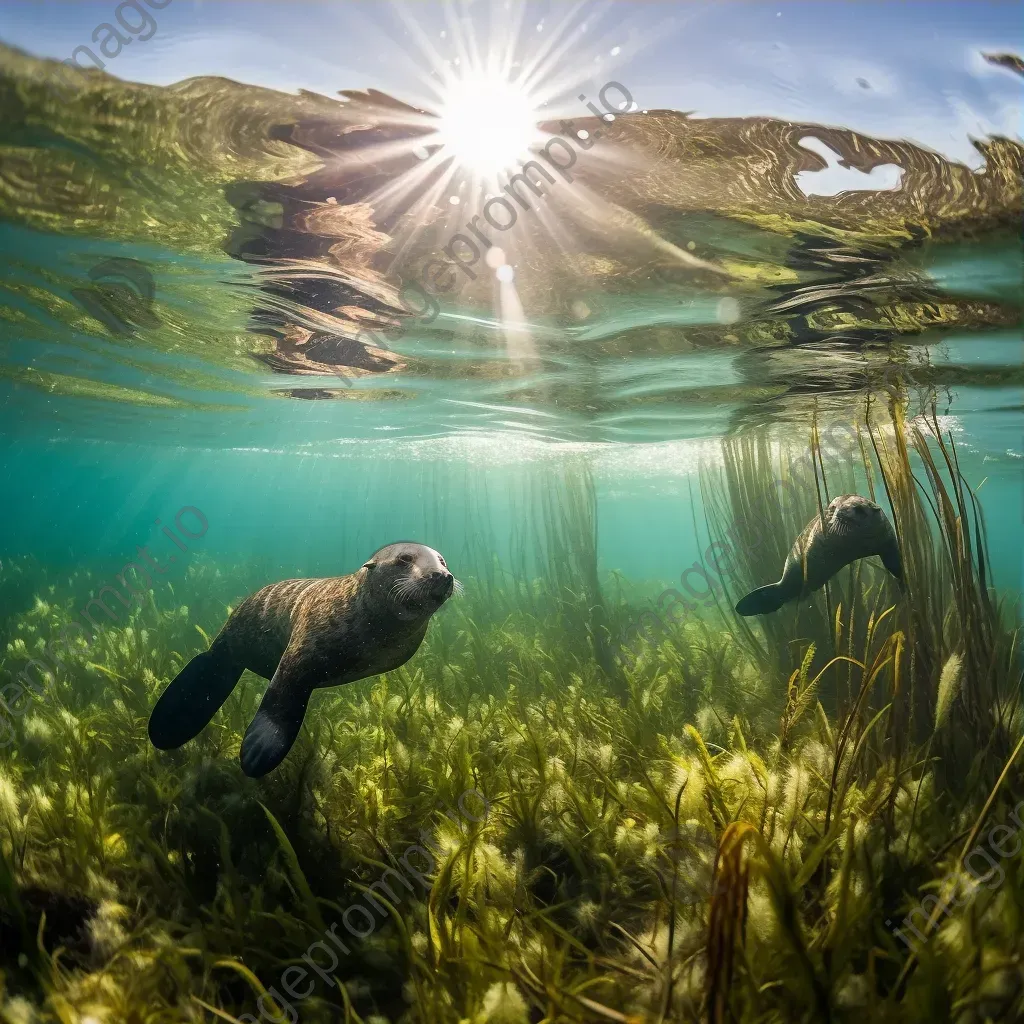 Seagrass meadow with playful sea otters underwater - Image 3