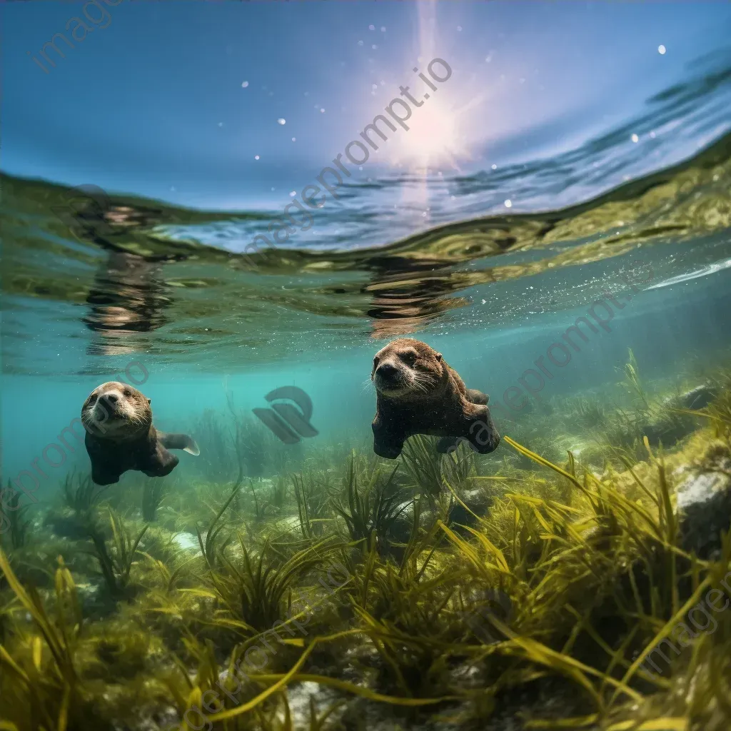 Seagrass meadow with playful sea otters underwater - Image 4