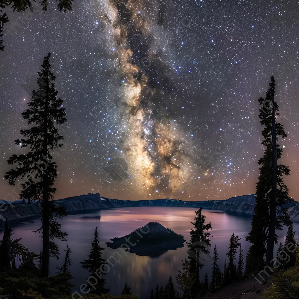 Milky Way galaxy over a calm lake with pine trees at night - Image 1