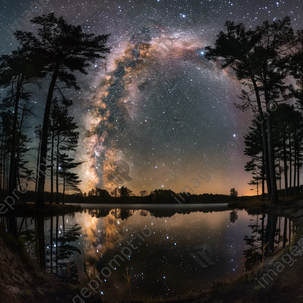 Milky Way galaxy over a calm lake with pine trees at night - Image 2