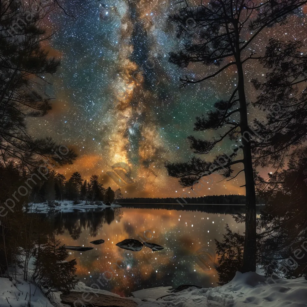 Milky Way galaxy over a calm lake with pine trees at night - Image 3