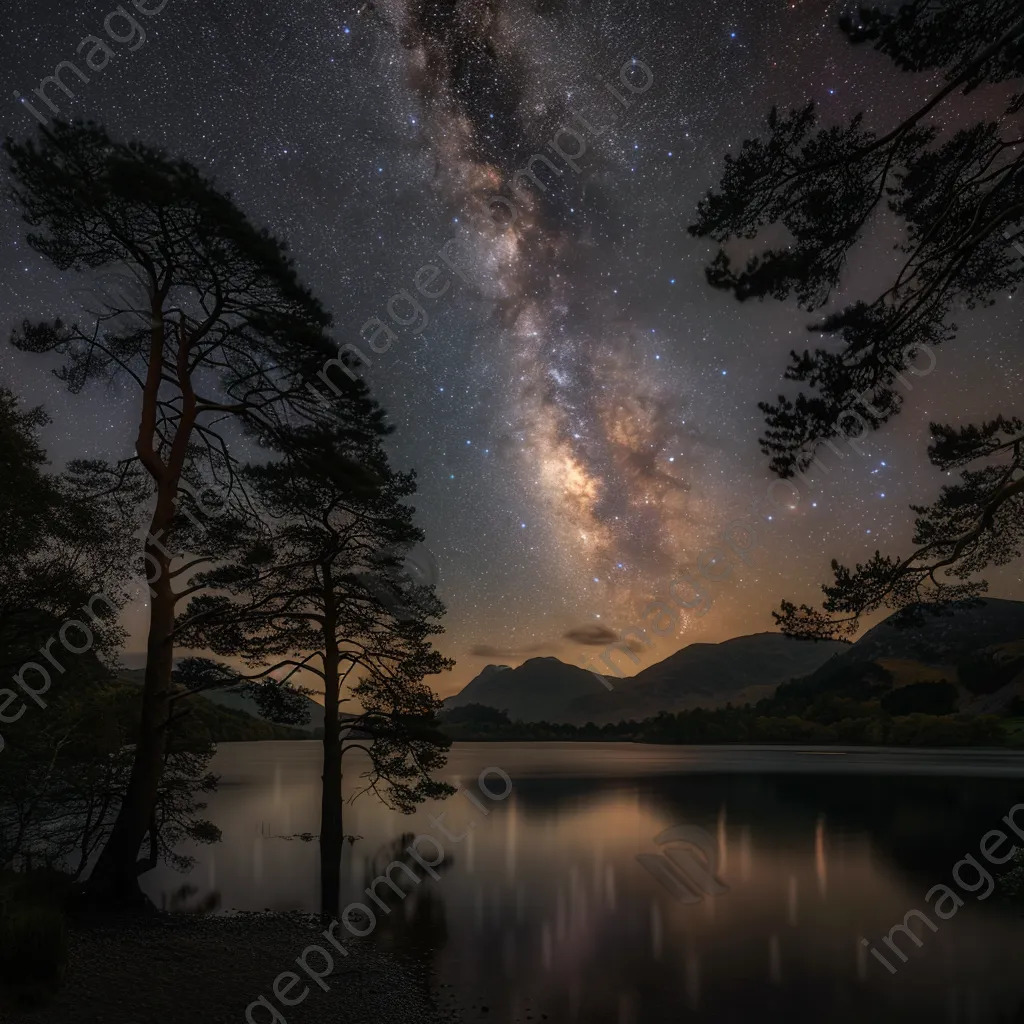 Milky Way galaxy over a calm lake with pine trees at night - Image 4