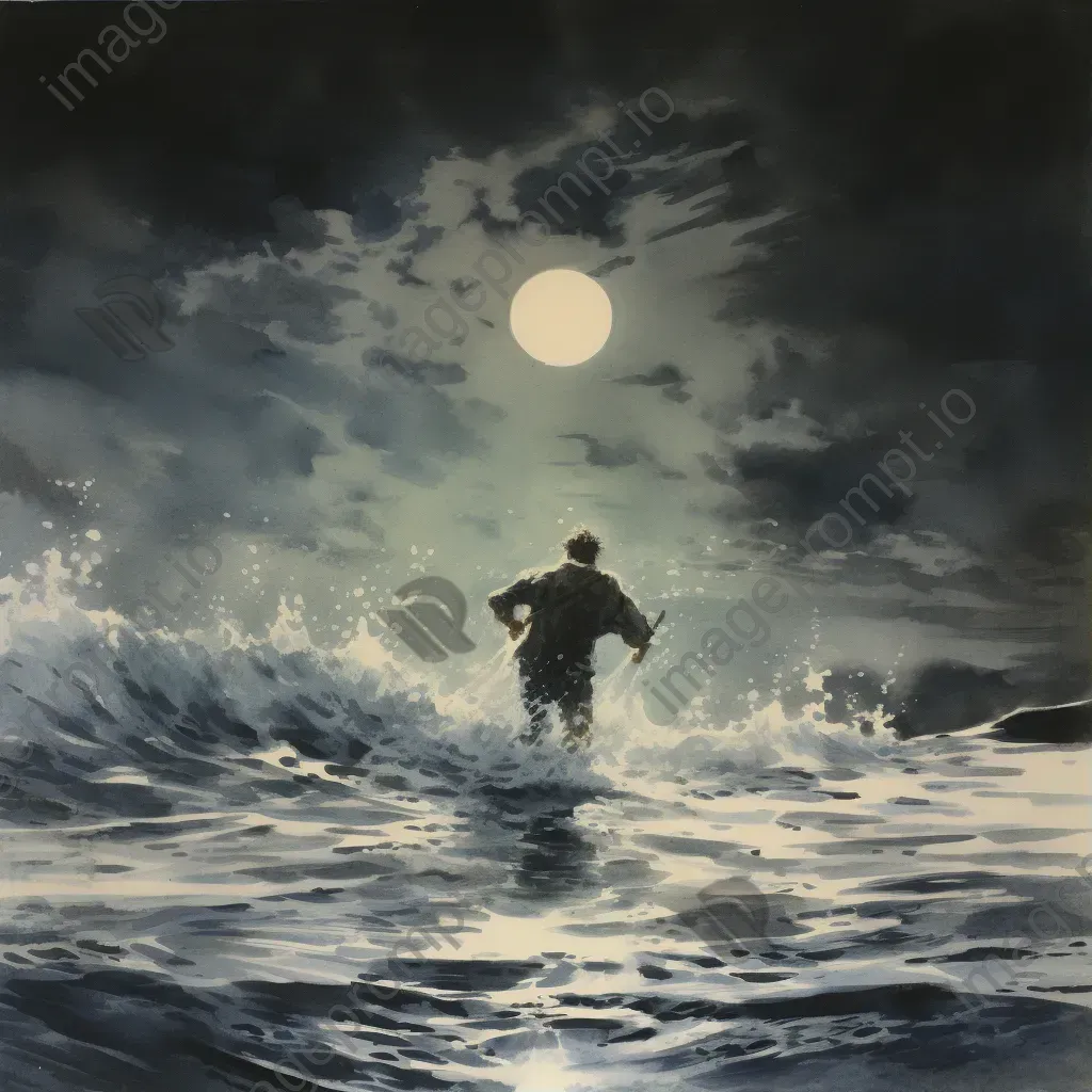 Endurance swimmer in moonlit sea depicted in watercolor - Image 1