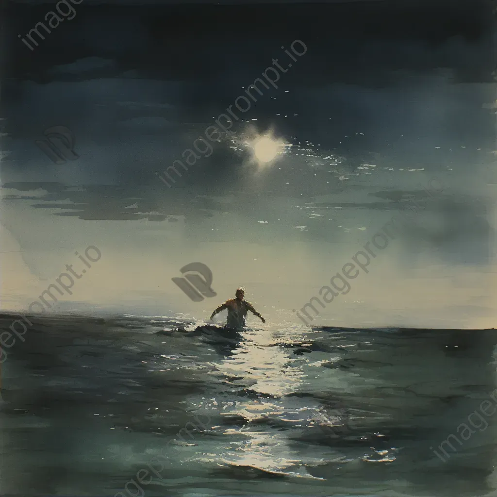 Endurance swimmer in moonlit sea depicted in watercolor - Image 2