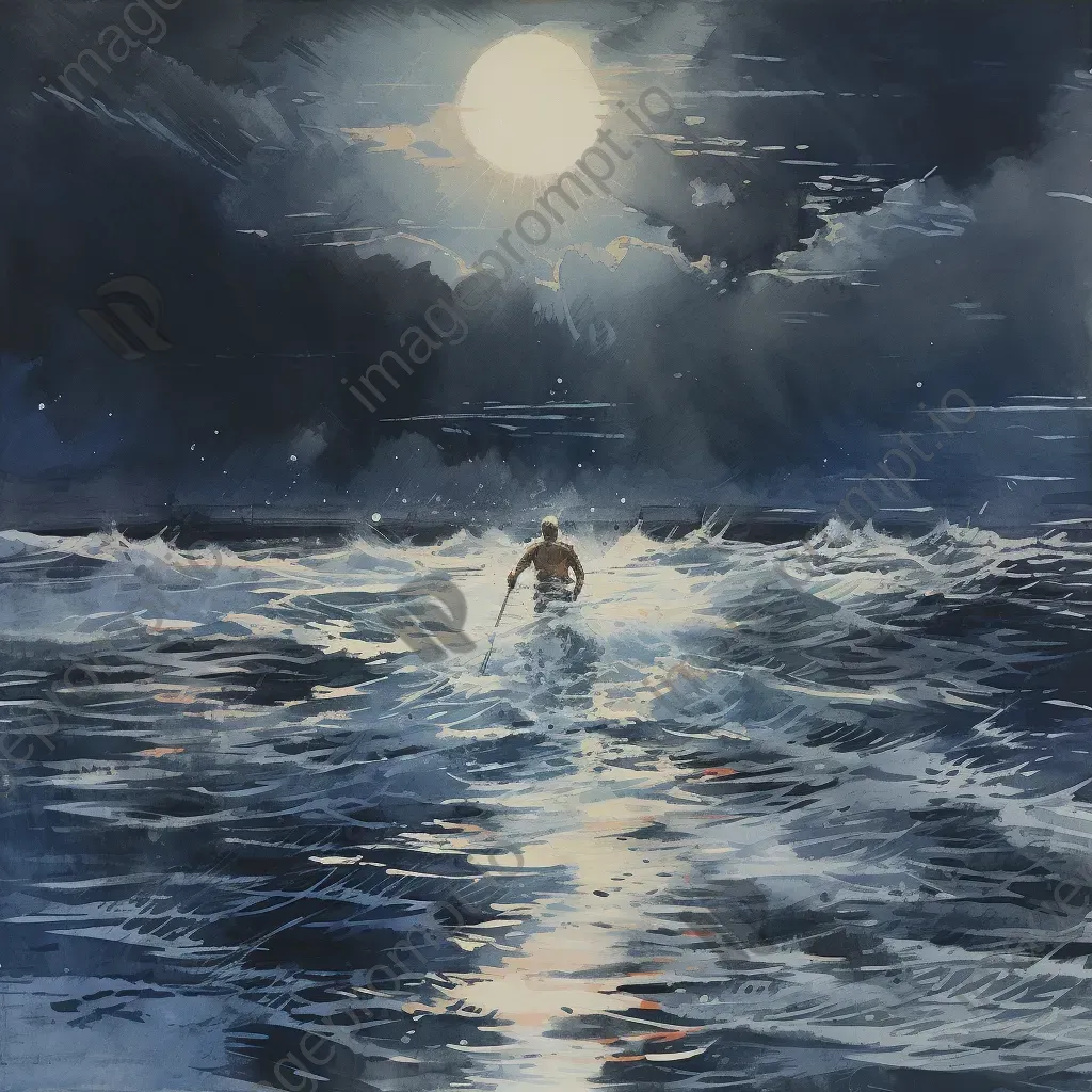 Endurance swimmer in moonlit sea depicted in watercolor - Image 3