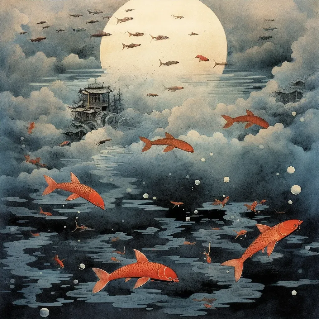 World with floating oceans, fish above clouds, and birds in the sea - Image 4