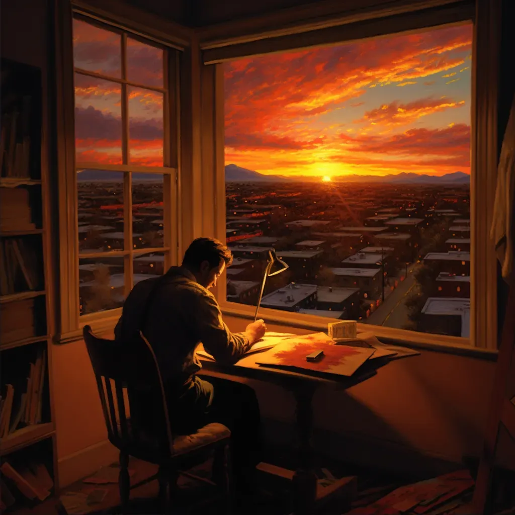 Man painting vibrant sunset with transition to real sunset - Image 2