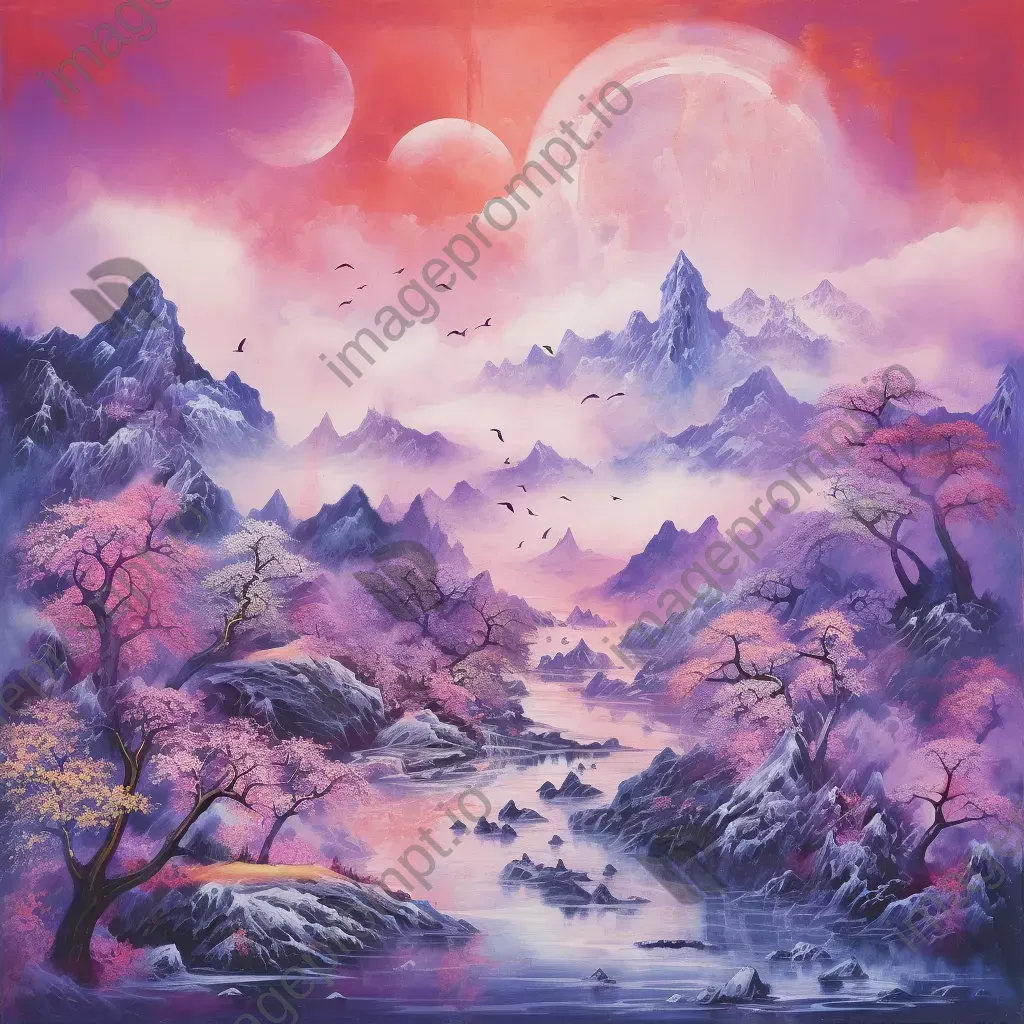 Oil pastel artwork of dreamlike floating mountains under a violet sky - Image 2