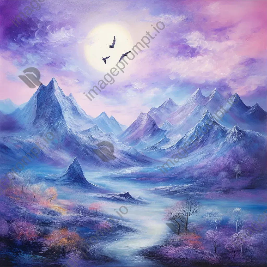 Oil pastel artwork of dreamlike floating mountains under a violet sky - Image 3