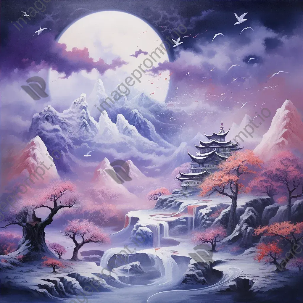 Oil pastel artwork of dreamlike floating mountains under a violet sky - Image 4