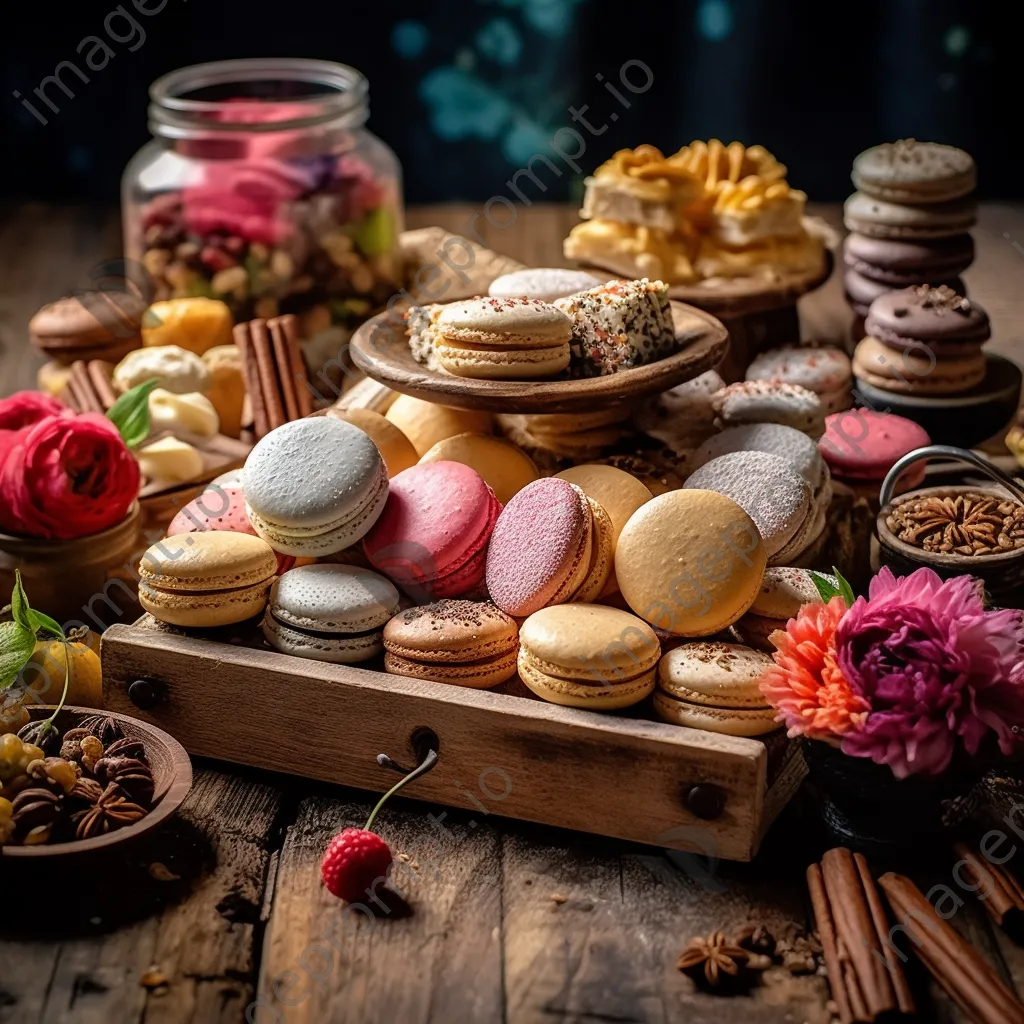 Variety of cookies and colorful macarons on a rustic wooden board - Image 1