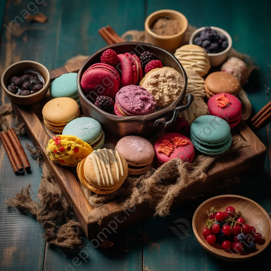 Variety of cookies and colorful macarons on a rustic wooden board - Image 2