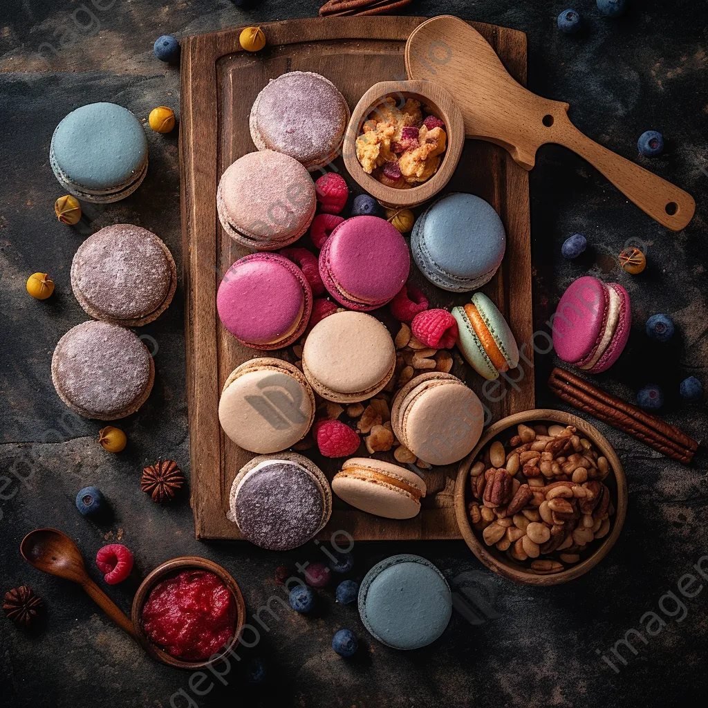 Variety of cookies and colorful macarons on a rustic wooden board - Image 4