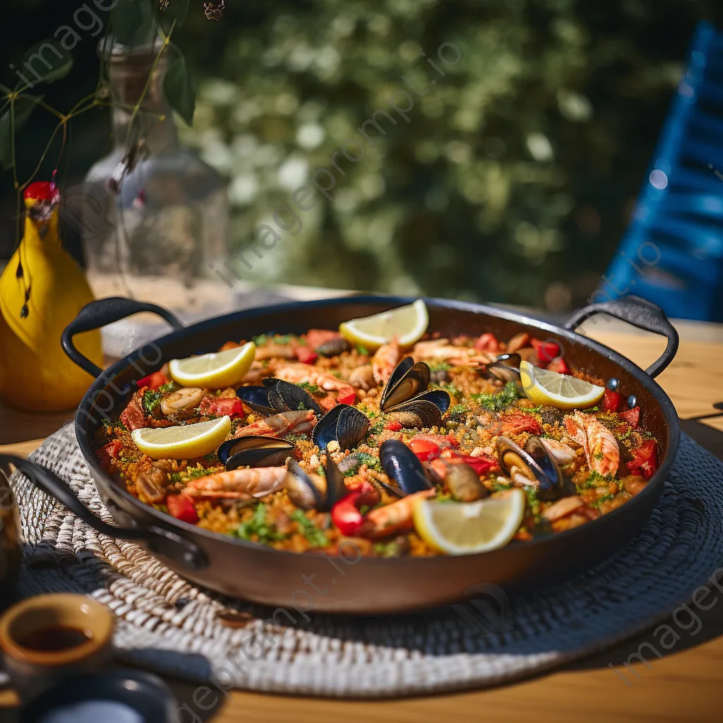 Seafood paella served in a traditional pan outdoors, filled with colorful ingredients - Image 1