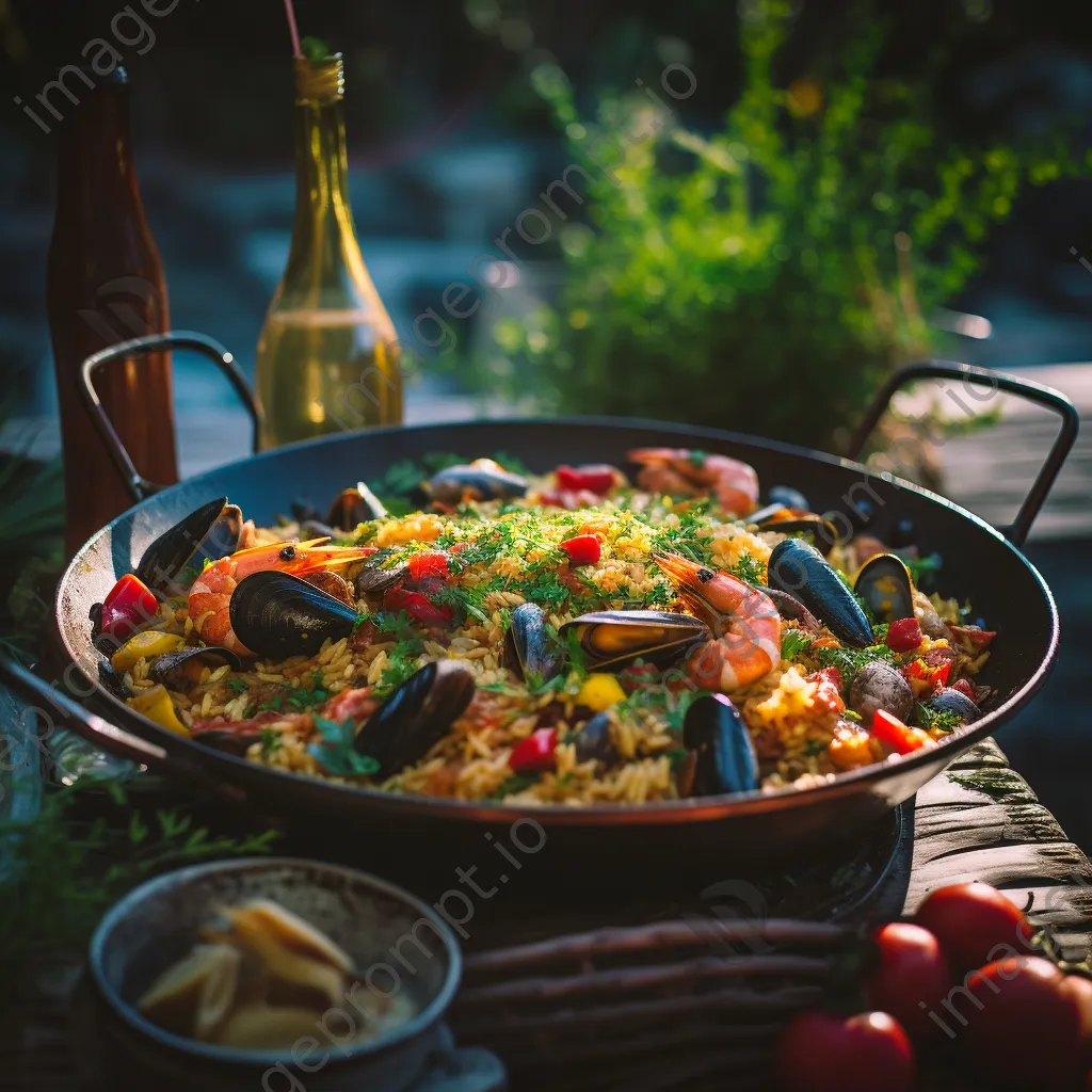 Seafood paella served in a traditional pan outdoors, filled with colorful ingredients - Image 2