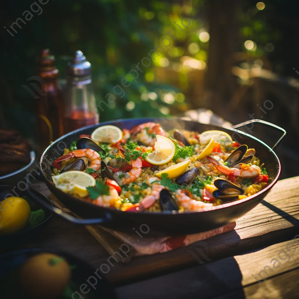 Seafood paella served in a traditional pan outdoors, filled with colorful ingredients - Image 4