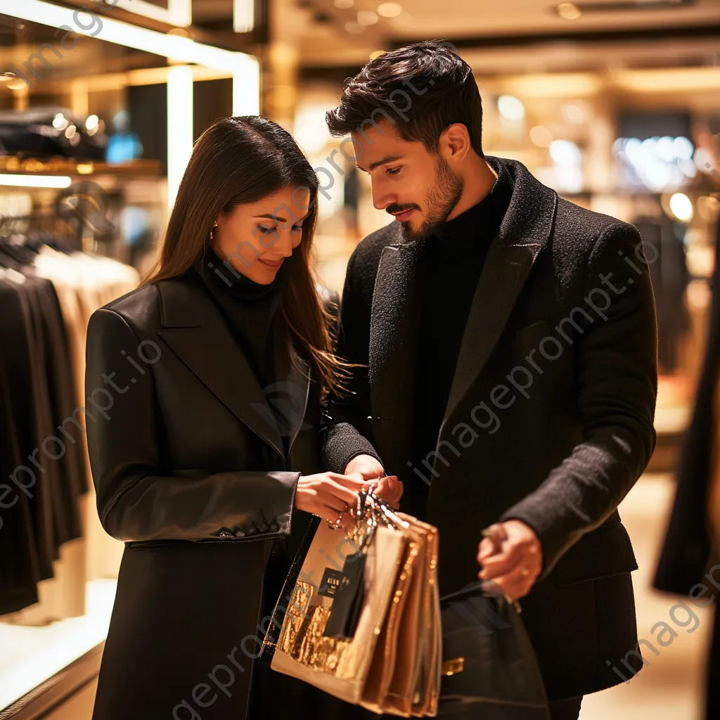 Couple shopping for designer clothes in a luxury department store - Image 3