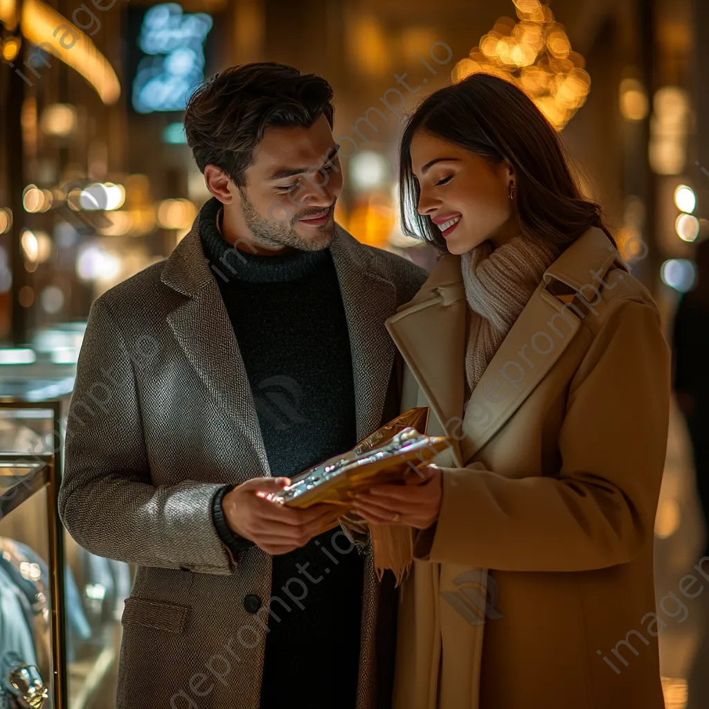 Couple shopping for designer clothes in a luxury department store - Image 4