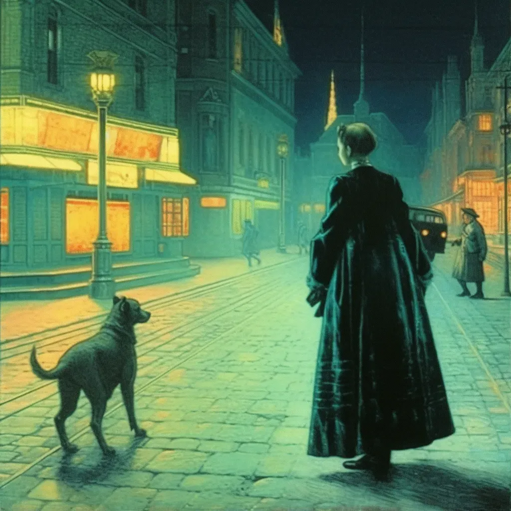 Woman in Vintage Clothing Walking Robot Dog in Neon-Lit Futuristic City