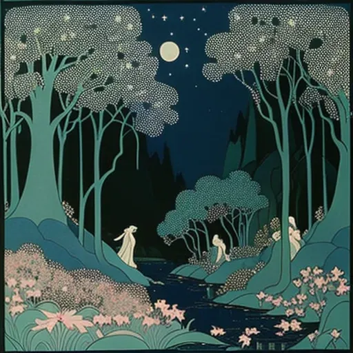 Moonlit glen with fairies dancing under the night sky - Image 1