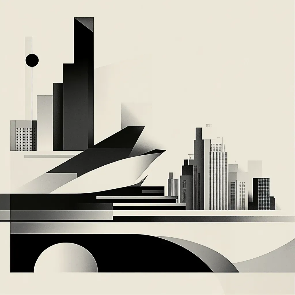 Guggenheim Museum depicted in Bauhaus style using geometric shapes and a monochrome color palette. - Image 1